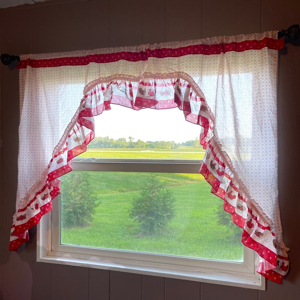 Vintage Chicken Hen Country Kitchen Swag Curtains 2 Panel Set Red White